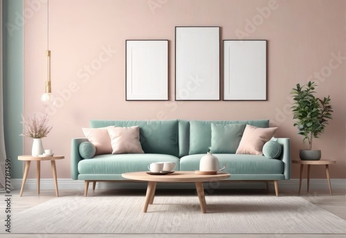 minimalist interior in pastel colors. Scandinavian style interior. 3D illustration © HENDRI