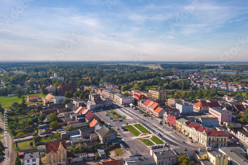 Aerial skyline cityscape of Miłosław, a town in Września County, Greater Poland Voivodeship (Wielkopolska), Poland on a sunny summer day.