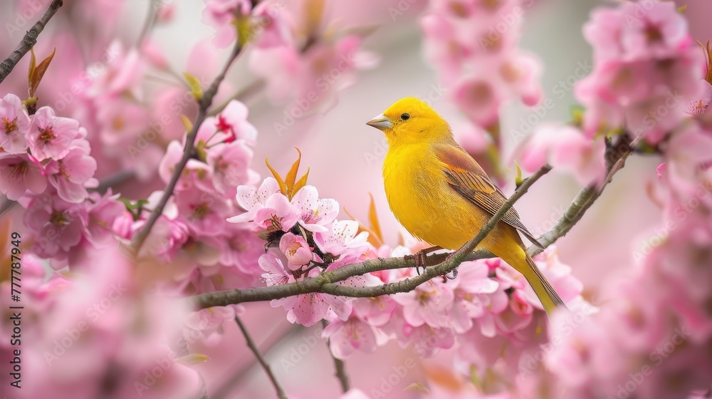A vibrant yellow bird perched on cherry blossom branches