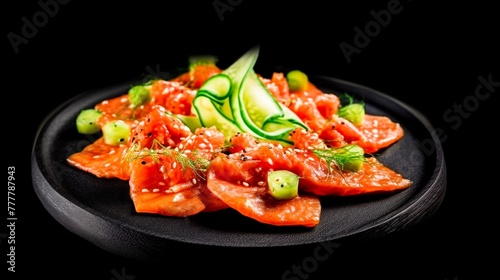 A plate with red bell pepper slices, cucumber and other vegetables on it (ID: 777787943)