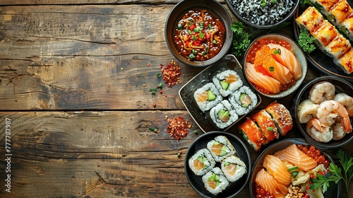 Asian food served on white wooden table and black background, top view, space for text.