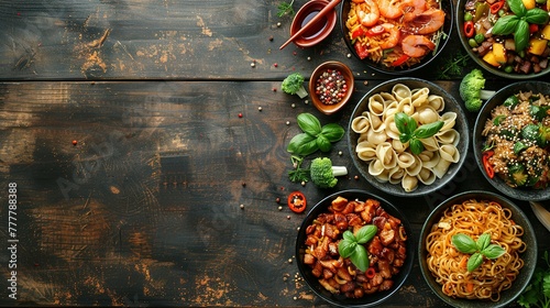 Asian food served on white wooden table and black background, top view, space for text.