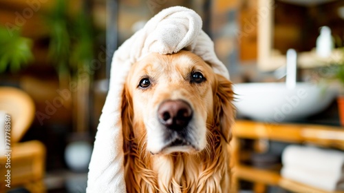 Dog with towel on head in bathroom (ID: 777788587)