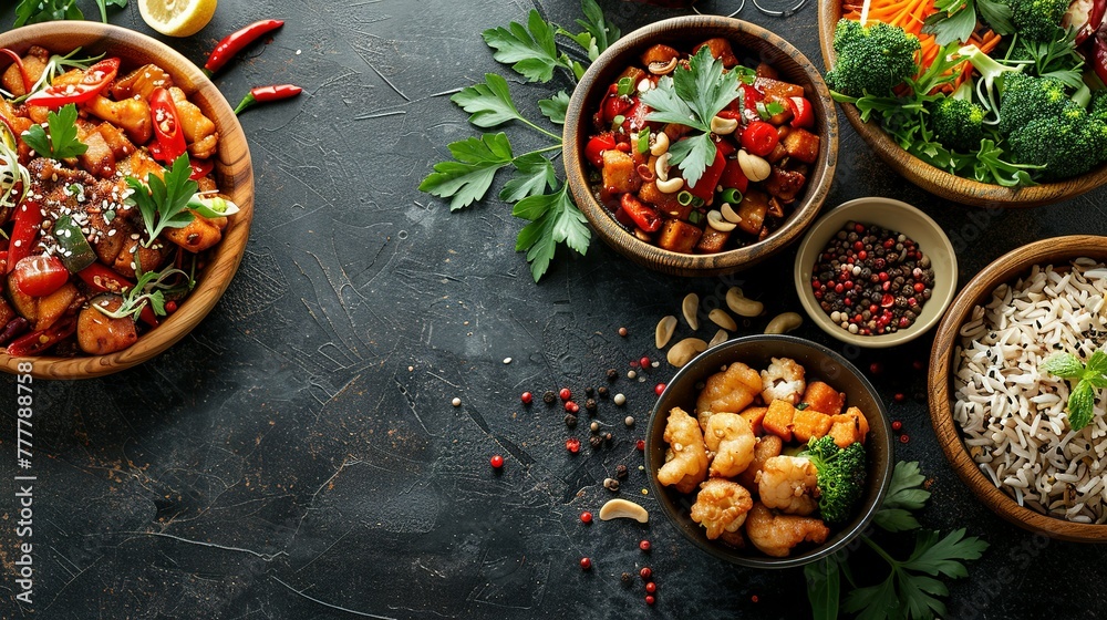 Asian food served on white wooden table and black background, top view, space for text. Asian food served on white wooden table and black background, top view, space for text.