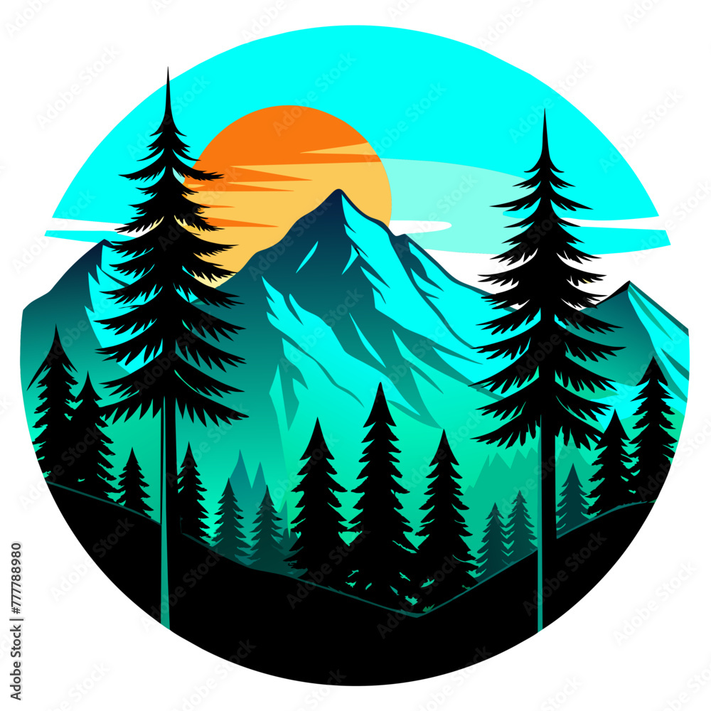 Nature’s Palette: A Vibrant Vector Illustration of a Colorful Mountain Landscape with Sun and Trees