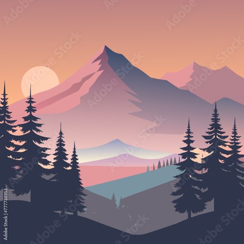 Nature   s Palette  A Vibrant Vector Illustration of a Colorful Mountain Landscape with Sun and Trees