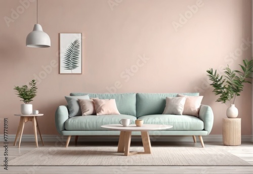 minimalist interior in pastel colors. Scandinavian style interior. 3D illustration © HENDRI