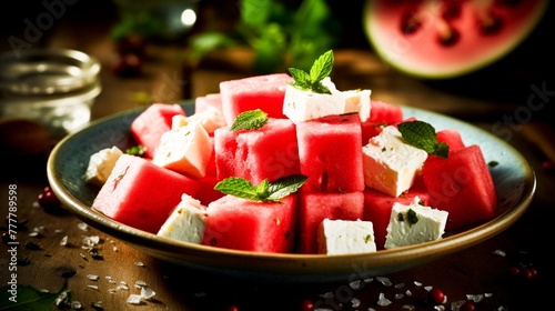 Watermelon cubes and feta cheese on a plate. (ID: 777789598)