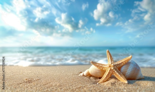 Seashell Starfish on Sandy Beach: Tranquil Blue Summer Vacation Concept. - generative ai © Nia™