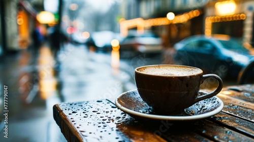 A cup of coffee sitting on a table in the rain (ID: 777790147)
