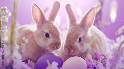 Easter bunnies and eggs, delicate flowers on purpul background. Generative AI