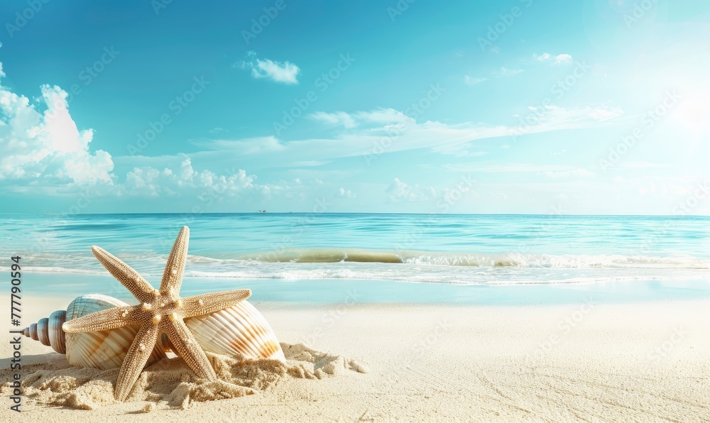 Seashell Starfish on Sandy Beach: Tranquil Blue Summer Vacation Concept. - generative ai Seashell Starfish on Sandy Beach: Tranquil Blue Summer Vacation Concept. - generative ai