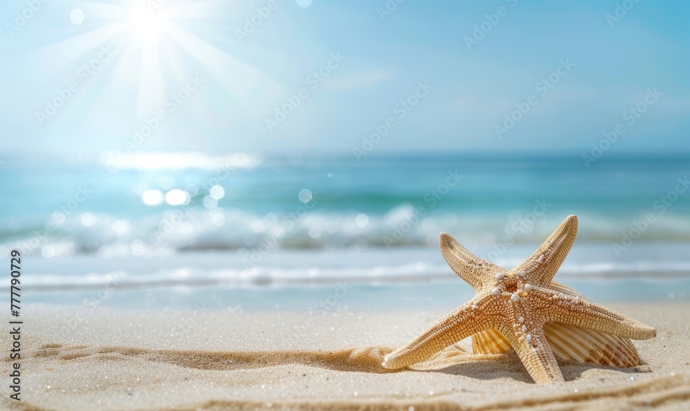 Seashell Starfish on Sandy Beach: Tranquil Blue Summer Vacation Concept. - generative ai Seashell Starfish on Sandy Beach: Tranquil Blue Summer Vacation Concept. - generative ai