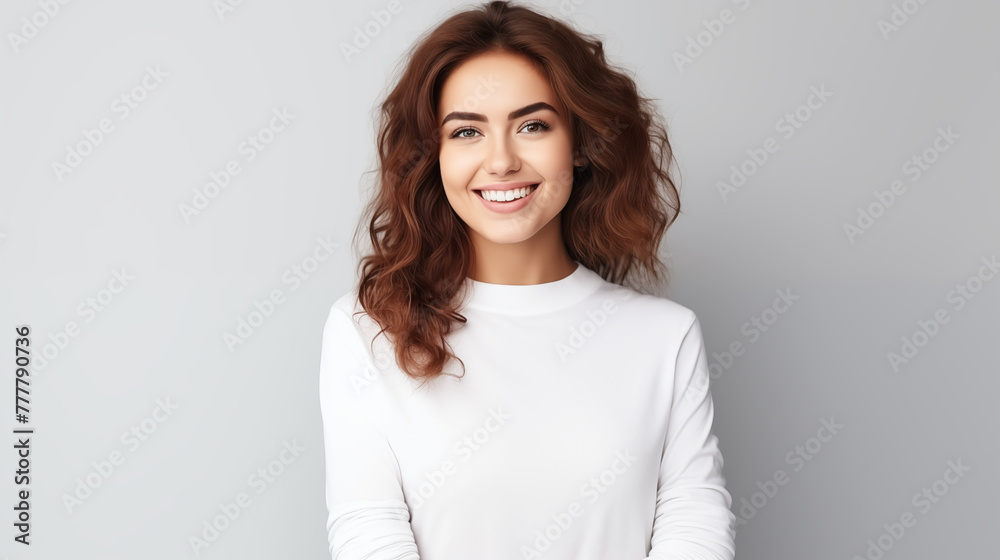 Joyful Woman with Brown Curly Hair in White Top Laughing Joyful Woman with Brown Curly Hair in White Top Laughing