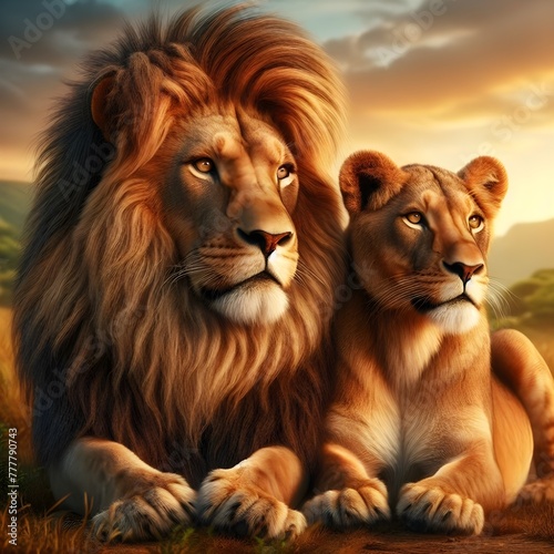 African lion couple. Pair of wildlife pride predator animals. Generate ai HD AND 3D PIC 