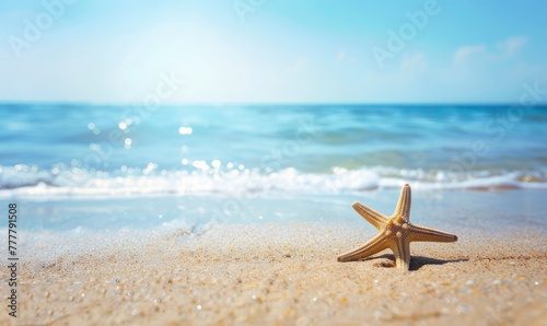 Seashell Starfish on Sandy Beach  Tranquil Blue Summer Vacation Concept. - generative ai