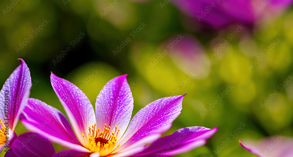 A group of pink flowers in the foreground, with a blurred background of trees and grass.