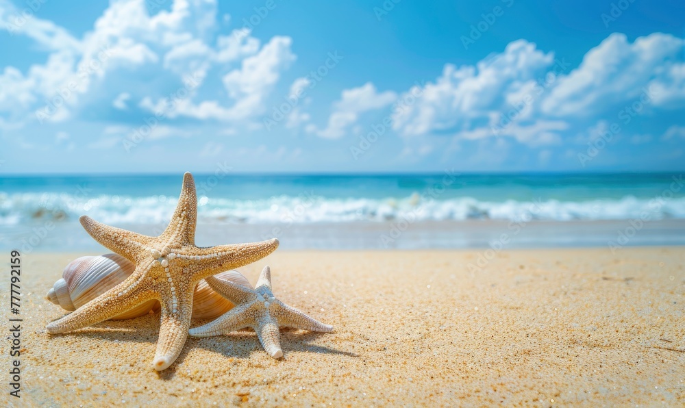 Seashell Starfish on Sandy Beach: Tranquil Blue Summer Vacation Concept. - generative ai