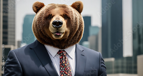 A bear wearing a suit and tie standing in front of a city skyline. photo