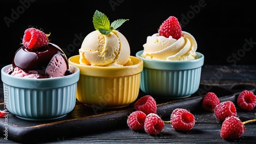 Des ramequins débordant de crème glacée aux couleurs chatoyantes, promesse d'une gourmandise exquise et rafraîchissante, éveille les sens et ravit les papilles. photo