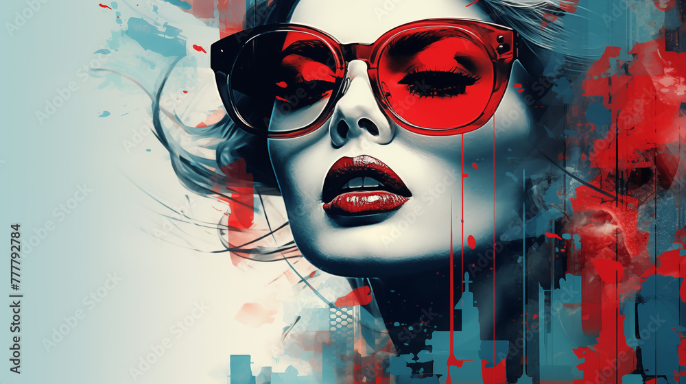 Modern Fashion Portrait with Red Sunglasses and Abstract City Elements