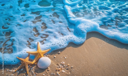 Seashell Starfish on Sandy Beach: Tranquil Blue Summer Vacation Concept. - generative ai © Nia™