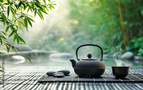 a teapot for a tea ceremony, a cup and some small zen stones lie on the mat. in the background there are bamboo leaves