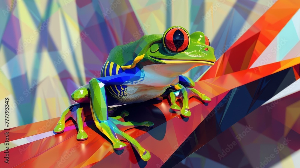3D illustrated frog in a vector art world, its vibrant colors popping against a sleek, geometric backdrop. 3D illustrated frog in a vector art world, its vibrant colors popping against a sleek, geometric backdrop.