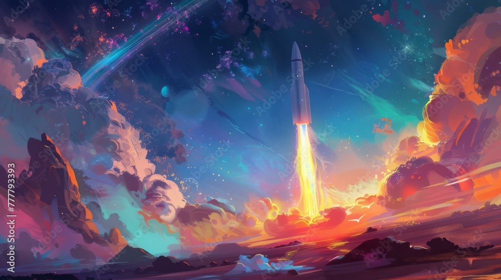 A rocket soars across a digitally painted sky, leaving a trail that turns into a vibrant rainbow, merging science with wonder. - obrazy, fototapety, plakaty 