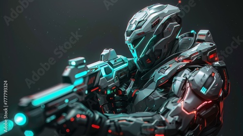 3D character design of a futuristic warrior, detailed armor and glowing weapons in digital art style photo