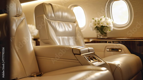 Private Journey: Inside a Luxurious Jet, Showcasing the Pinnacle of Comfort and Style with Plush Seats and Impeccable Service