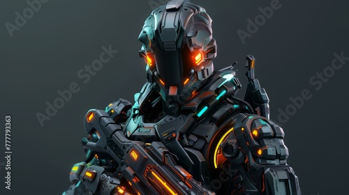 3D character design of a futuristic warrior, detailed armor and glowing weapons in digital art style photo