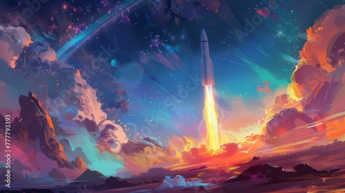A rocket soars across a digitally painted sky  leaving a trail that turns into a vibrant rainbow  merging science with wonder.