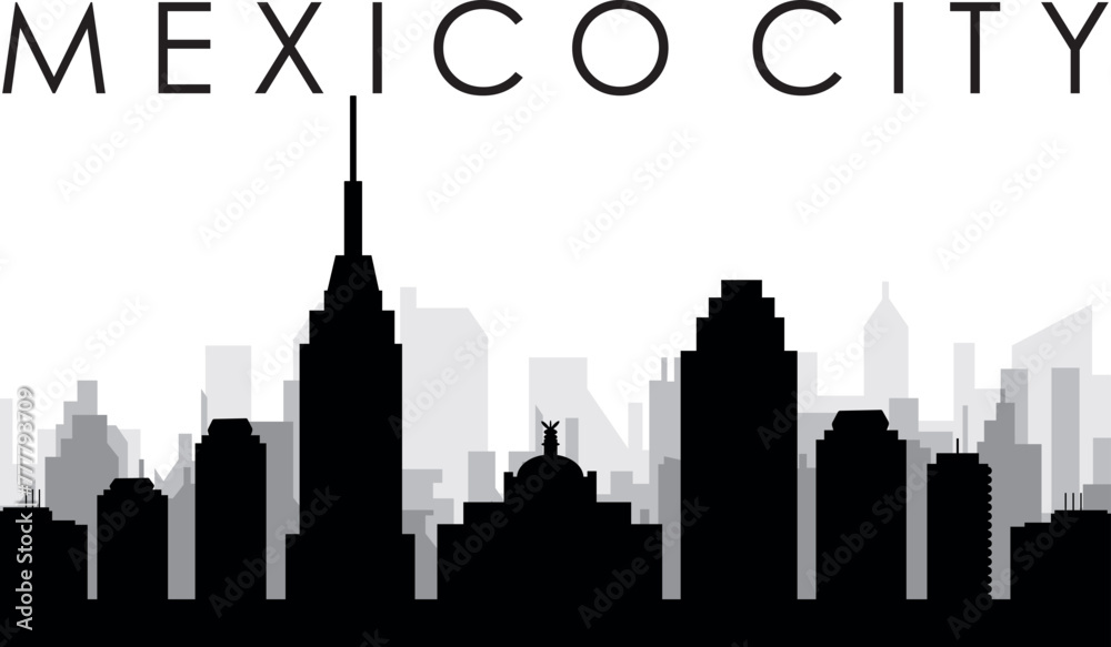 Black cityscape skyline panorama with gray misty city buildings background of MEXICO CITY, MEXICO