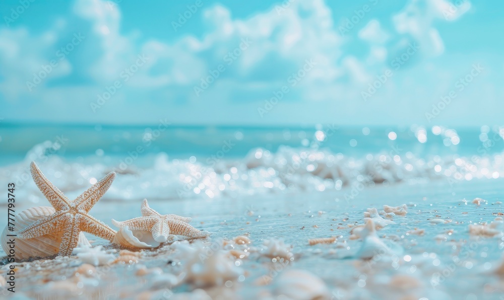 Seashell Starfish on Sandy Beach: Tranquil Blue Summer Vacation Concept. - generative ai Seashell Starfish on Sandy Beach: Tranquil Blue Summer Vacation Concept. - generative ai