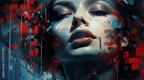 Abstract Digital Art of Female Face with Red and Blue Glitch