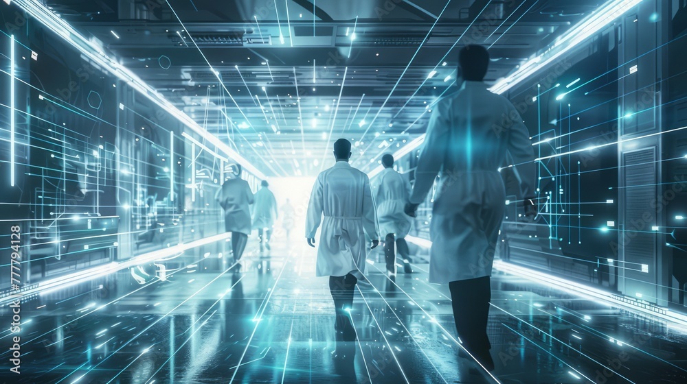  The migration of doctors who will use the latest technology to treat their patients. An abstract photo concept where many people in suits are walking in a modern concept room.
