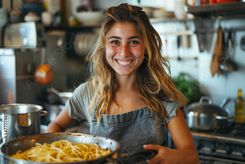 Woman Smiling Holding Pan of Pasta
