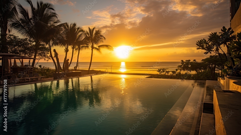 Sunset at Kuta Beach Bali from swimming pool view