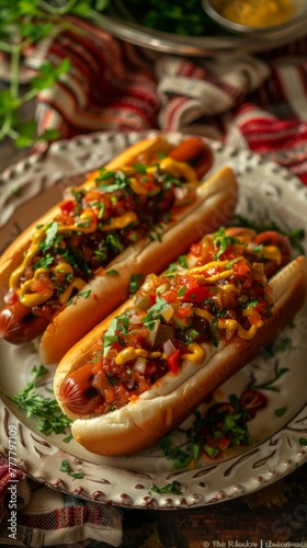 two hot dogs with mustard and relish on a plate  photo