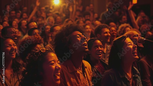 audience laughing at a comedian on stage  photo