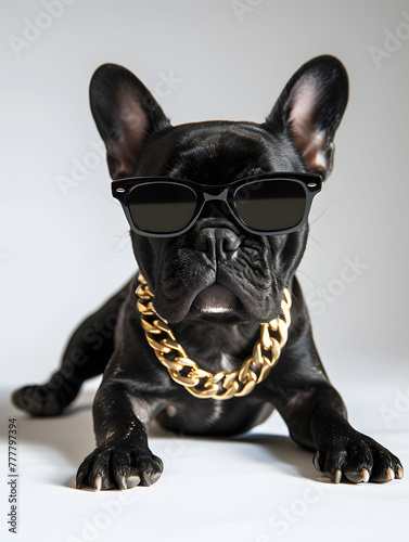 Cute and adorable black french bulldog wearing sunglasses and gold chain on white background, crazy rich glamour image. © thebaikers
