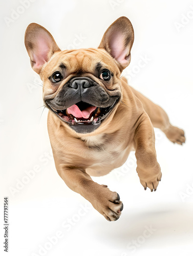 Cute and adorable brown french bulldog running with happy face on white background, front view photograph. studio shot.