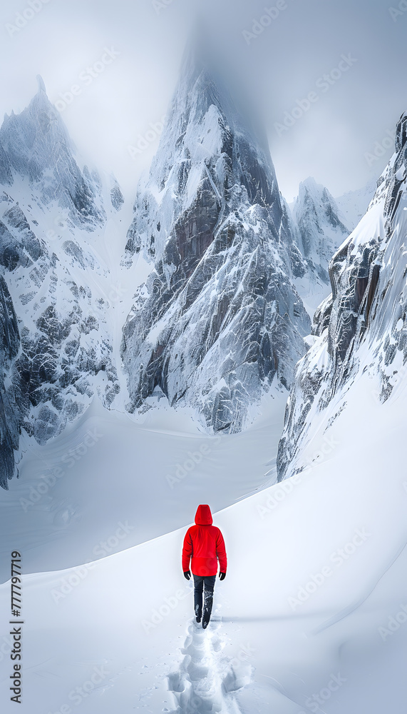 A person in a red jacket climbs a snowy mountain slope under a cloudy sky
