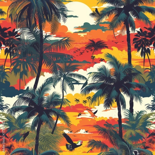 Sunset horizon with birds over tropical palms.