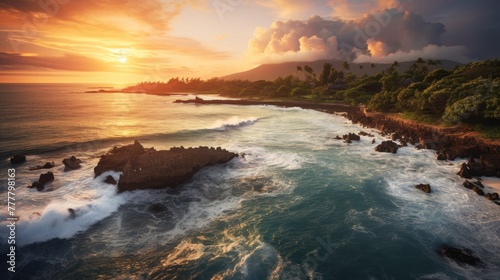 Sunset over Balinese coastline photo