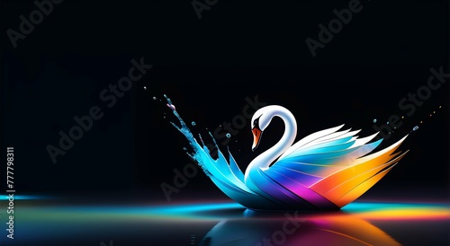 Fototapeta Naklejka Na Ścianę i Meble -  Royal swan on a dark background surrounded by colorful splashes. Wallpaper, background, place for text.