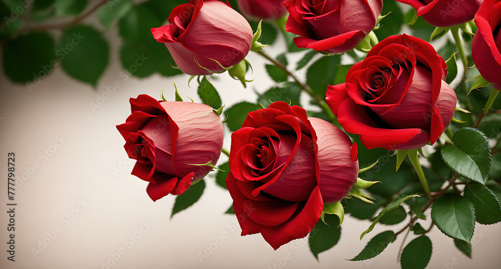 Naklejka premium A bouquet of red roses hanging from a branch.