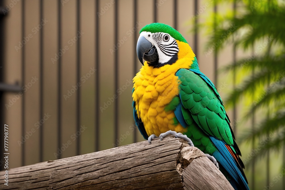 Obraz premium A parrot perched on a wooden post.