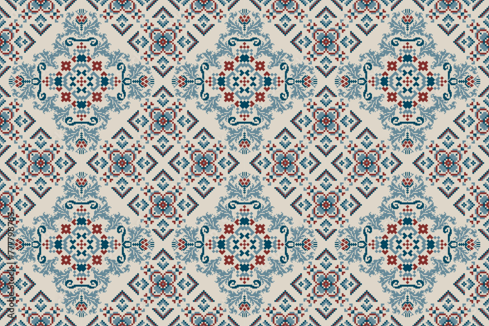 Geometric ethnic oriental seamless pattern on grey background vector illustration.floral pixel art concept
